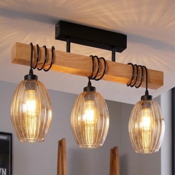 Brilagi - Aufputz-Deckenleuchte WOOD GLASS 3xE27/60W/230V Kiefer/Schwarz/rauchiges Beige
