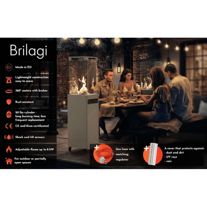 Brilagi - Außen-Gaskamin FLARO GAS 142x36 cm 8 kW 1xAAA grau + Schutzabdeckung