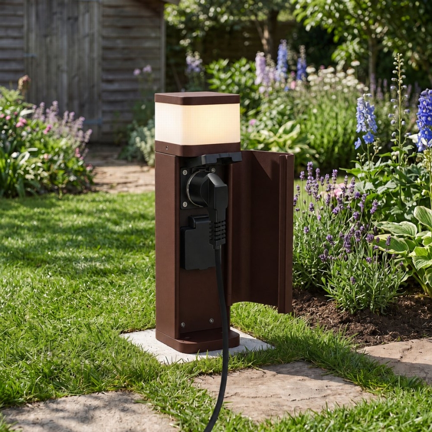 BRILAGI - Außenleuchte mit 2 SCHUKO-Steckdosen PILLAR 1xG9/11W/230V IP44 braun