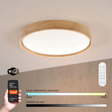 Brilagi - dimmbare LED-Deckenleuchte MANAROLA SMART LED/36W/230V 3000–6000K Wi-Fi Tuya Beacon Ø 51 cm Eiche + Fernbedienung