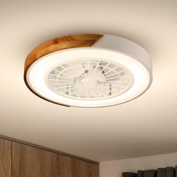 Brilagi - Dimmbare LED-Deckenleuchte mit Ventilator, 30 W, 230 V, 3000–6500 K, Ø 50 cm, weiß/Eiche + Fernbedienung