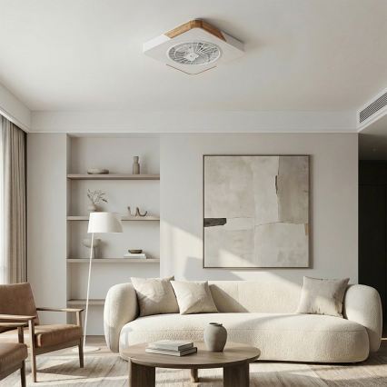Brilagi - LED-dimmbare Deckenleuchte mit Ventilator LED/38W/230V 3000-6500K 3000-6500K 50x50 cm weiß/Eiche + Fernbedienung