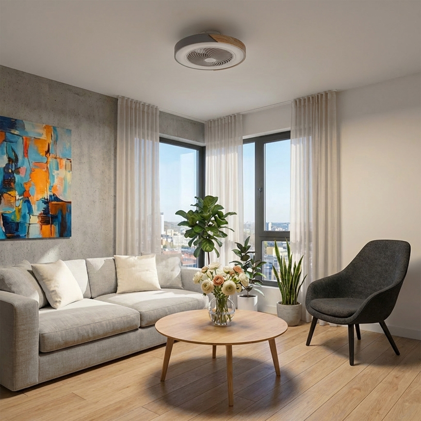 Brilagi - LED-dimmbare Deckenleuchte mit Ventilator LED/38W/230V 3000–6500K Ø 50 cm Grau/Eiche + Fernbedienung