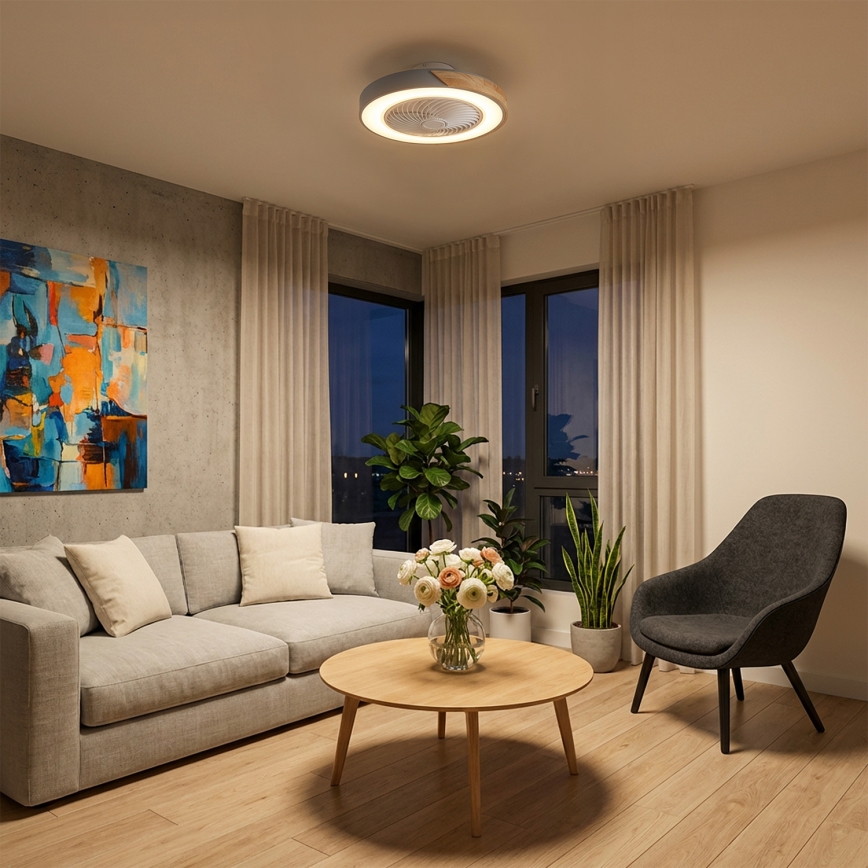Brilagi - LED-dimmbare Deckenleuchte mit Ventilator LED/38W/230V 3000–6500K Ø 50 cm Grau/Eiche + Fernbedienung