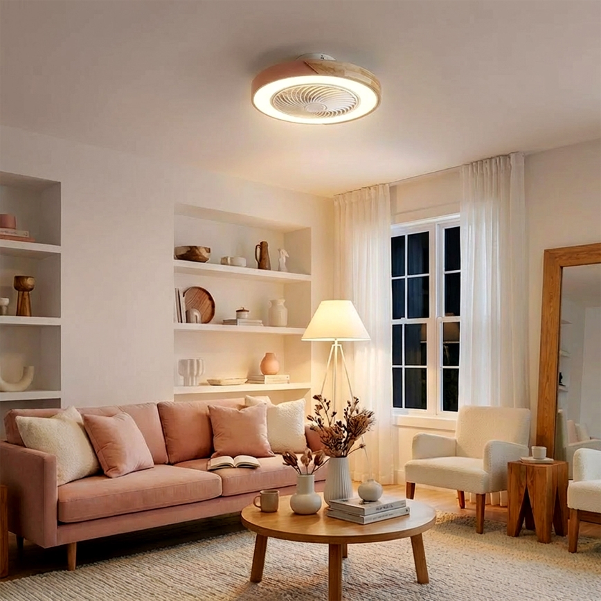 Brilagi - LED-dimmbare Deckenleuchte mit Ventilator LED/38W/230V 3000-6500K Ø 50 cm rosa/Eiche + Fernbedienung