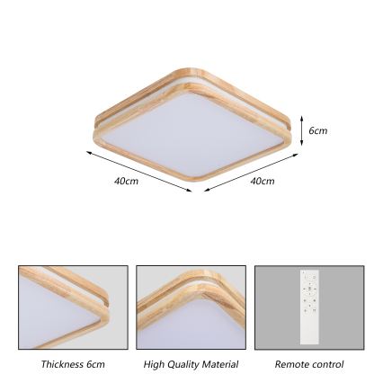 BRILAGI - Dimmbare LED-Deckenleuchte MOLINA SQUARE LED/48W/230V 3000-6000K Eiche 40x40 cm + Fernbedienung