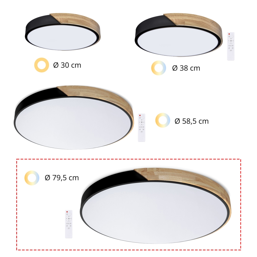 Brilagi - LED-dimmbare Deckenleuchte PILANA LED/72W/230V 3000-6500K Eiche/Schwarz Durchmesser 80 cm + Fernbedienung