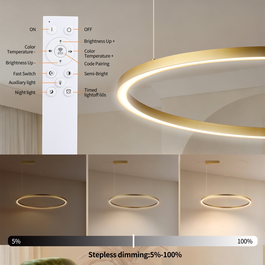 Brilagi - Dimmbare LED-Pendelleuchte an Kabel PORTOFINO LED/60W/230V 3000-6000K Ø 80 cm goldfarben + Fernbedienung