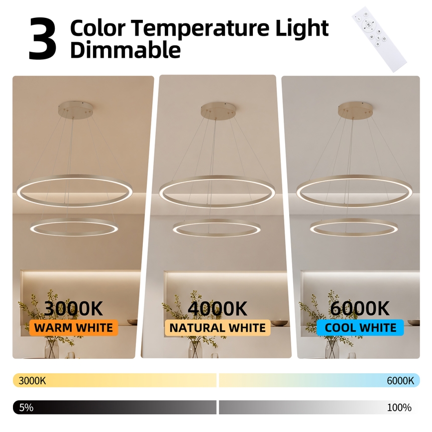 Brilagi - LED-dimmbarer Hängeleuchter an Seil PORTOFINO LED/98W/230V 3000-6000K Ø 80 cm beige + Fernbedienung