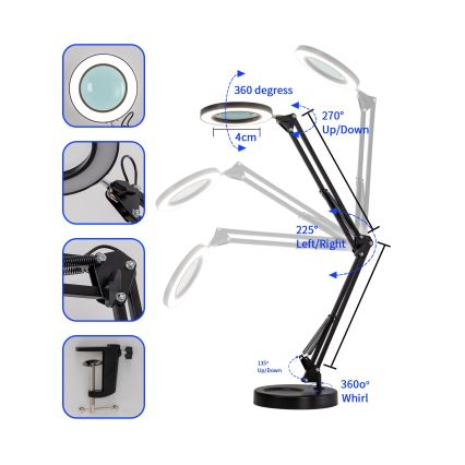 Brilagi - Dimmbare LED-Tischleuchte mit Vergrößerungsglas LENS LED/12W/5V 3000/4200/6000K schwarz