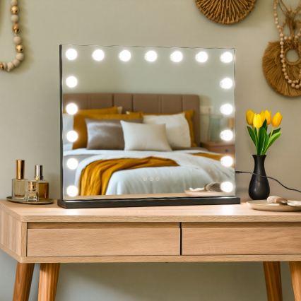 BRILAGI - dimmbarer LED-Make-up-Spiegel HOLLYWOOD LED/15W/230V CCT + 2x USB 60x50 cm schwarz
