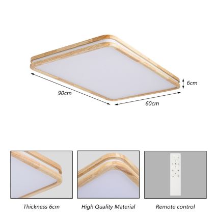 Brilagi - Dimmbare LED-Deckenleuchte MOLINA SQUARE LED/128W/230V 3000-6000K Eiche 90x60 cm + Fernbedienung