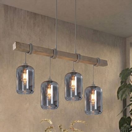 BRILAGI - Pendelleuchte mit Kabel WOOD GLASS 4xE27/60W/230V Kiefer/Grau/Rauchgrau