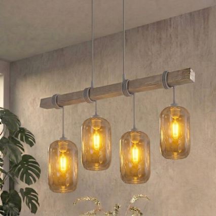 BRILAGI - Pendelleuchte an Kabel WOOD GLASS 4xE27/60W/230V Kiefer/Grau/Rauchgrau