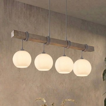 BRILAGI - Hängeleuchte mit Seilaufhängung WOOD GLASS 4xE27/60W/230V Kiefer/Grau/Weiß