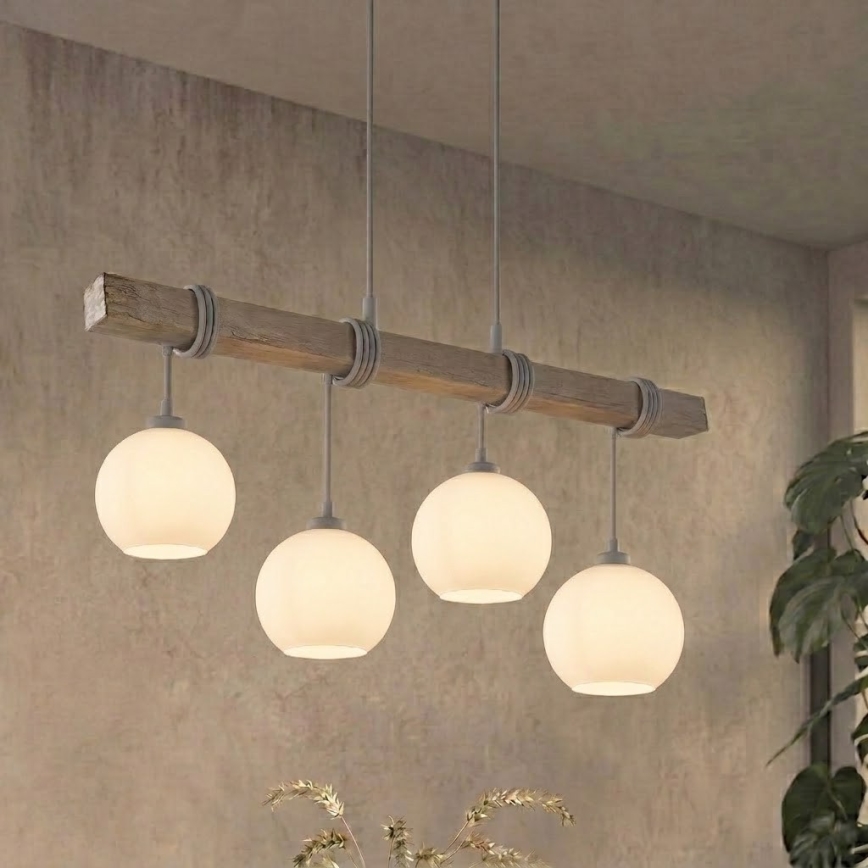 BRILAGI - Hängeleuchte mit Seilaufhängung WOOD GLASS 4xE27/60W/230V Kiefer/Grau/Weiß
