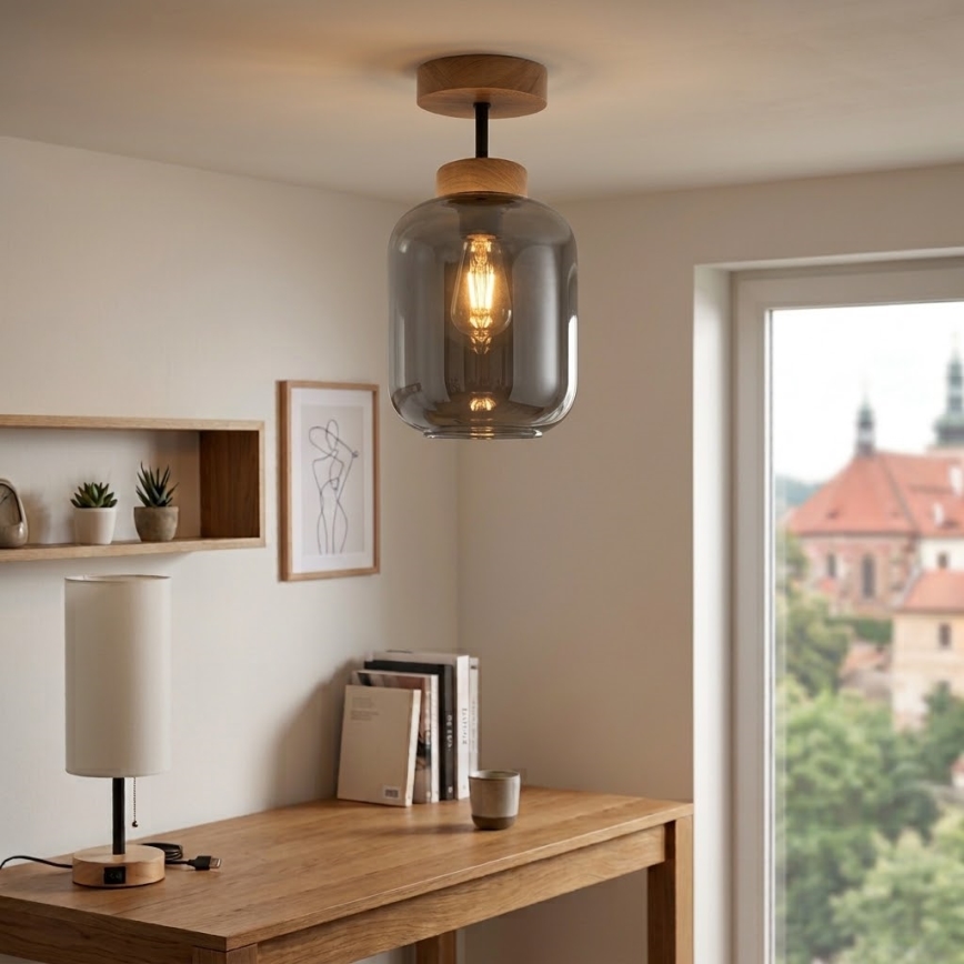 BRILAGI - LED Aufgesetzte Deckenleuchte RETRO GLASS 1xE27/60W/230V Ø 14 cm Eiche/rauchgrau