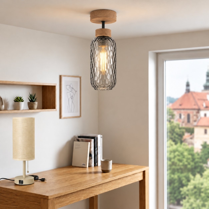 BRILAGI - LED Aufgesetzte Deckenleuchte RETRO GLASS 1xE27/60W/230V Ø 14 cm Eiche/rauchgrau