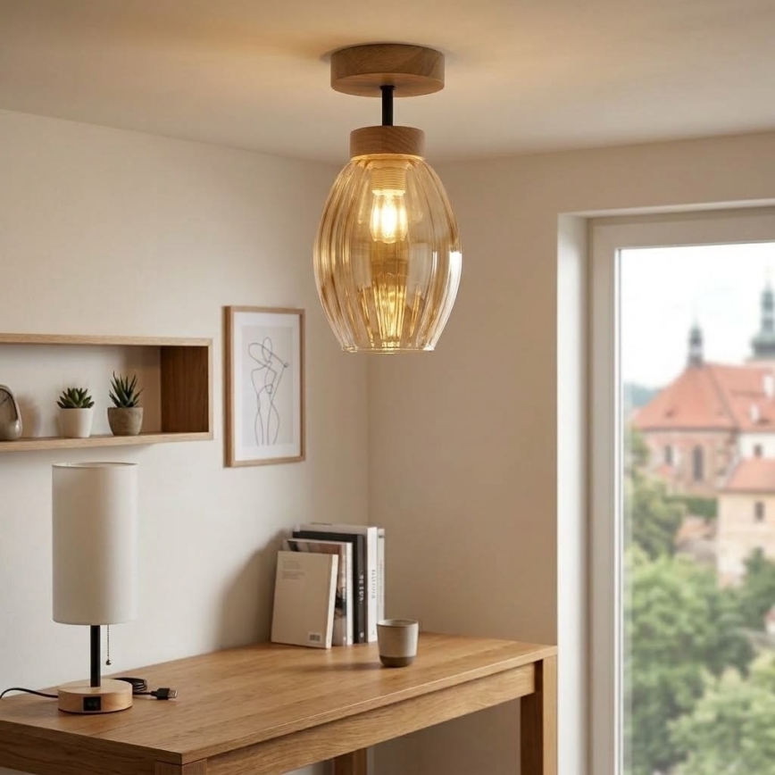 BRILAGI - LED Aufputz-Deckenleuchte RETRO GLASS 1xE27/60W/230V Ø 17 cm Eiche/rauchiges Beige