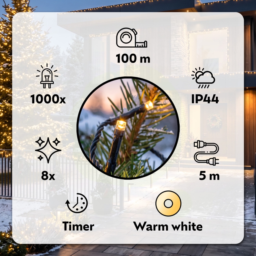 BRILAGI - LED-Außen-Weihnachtslichterkette 1000 LEDs / 8 Funktionen, 105 m, IP44, warmweiß