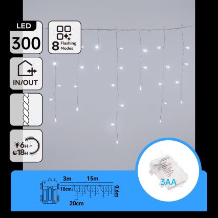 BRILAGI - LED Weihnachtslichterkette für den Außenbereich 300xLED/3xAA/8 Funktionen 18x0,6m IP44 kaltweiß