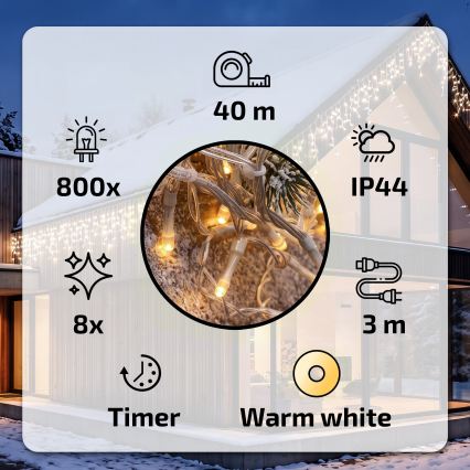 BRILAGI - LED-Außen-Weihnachtslichterkette 800xLED/8 Funktionen 43m IP44 warmweiß Eiszapfen