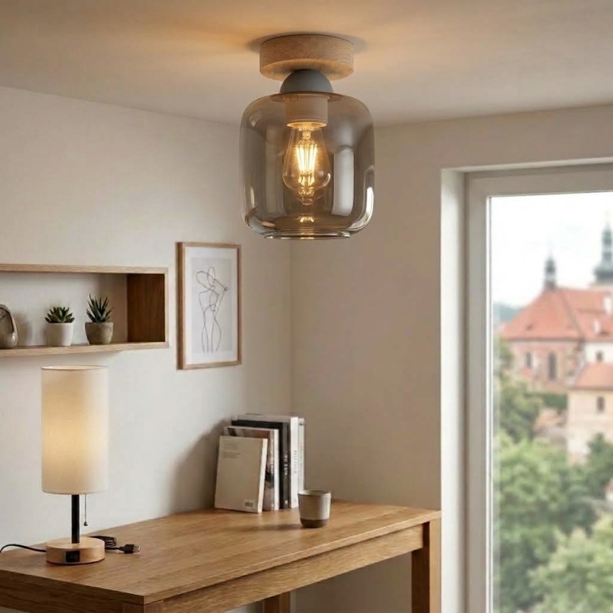 BRILAGI - LED Deckenleuchte RETRO GLASS 1xE27/60W/230V Ø 14 cm Eiche/rauchgrau