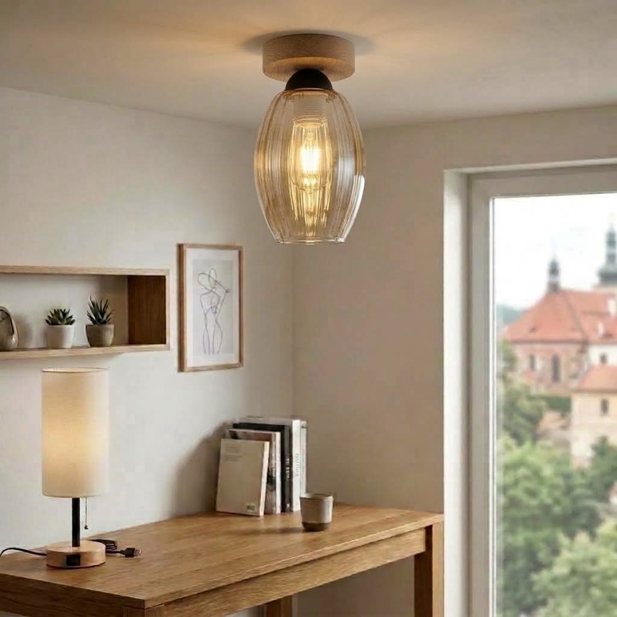 BRILAGI - LED-Deckenleuchte RETRO GLASS 1xE27/60W/230V Ø 17 cm Eiche/rauchbeige