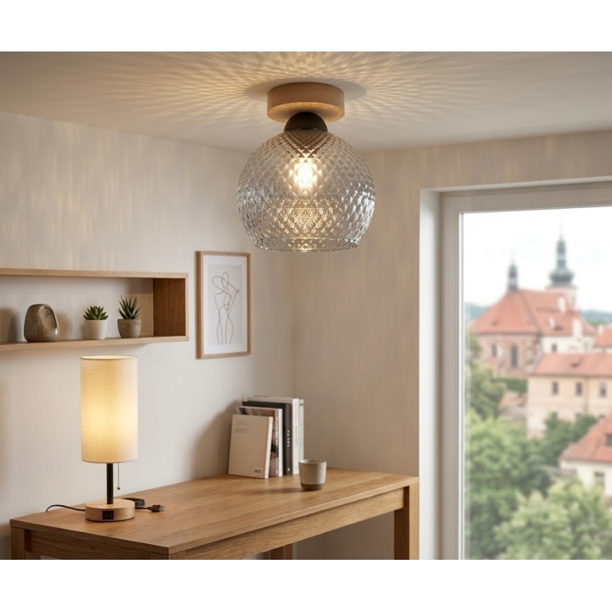 BRILAGI - LED-Deckenleuchte RETRO GLASS 1xE27/60W/230V Ø 18 cm Eiche/rauchgrau