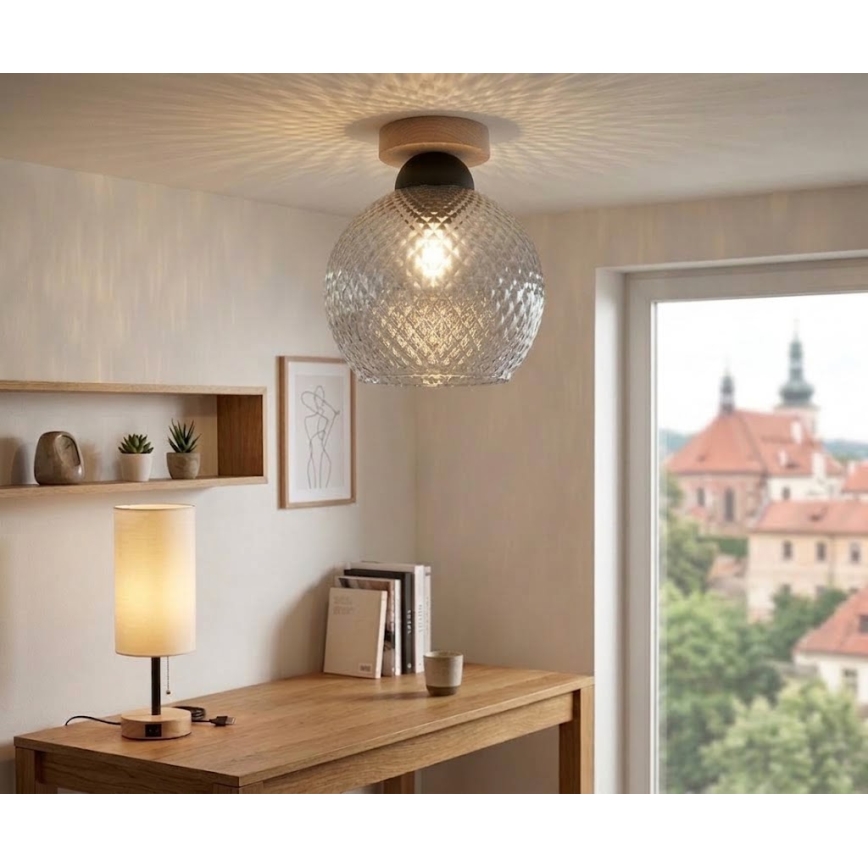 BRILAGI - LED Deckenleuchte RETRO GLASS 1xE27/60W/230V Ø 25 cm Eiche/rauchgrau