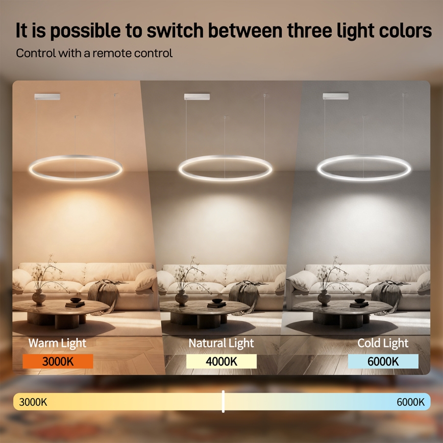 Brilagi - LED-dimmbare Pendelleuchte PORTOFINO mit Seilaufhängung LED/60W/230V 3000-6000K Ø 80 cm silber + Fernbedienung