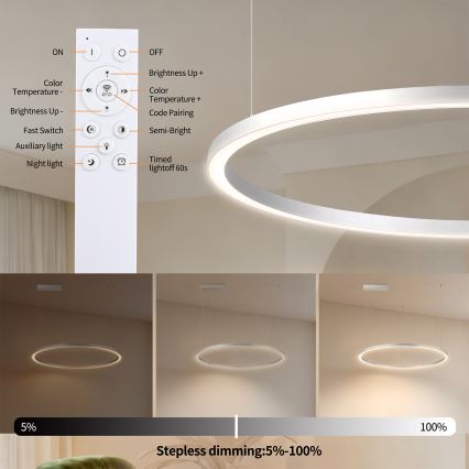 Brilagi - LED-dimmbare Pendelleuchte PORTOFINO mit Seilaufhängung LED/60W/230V 3000-6000K Ø 80 cm silber + Fernbedienung