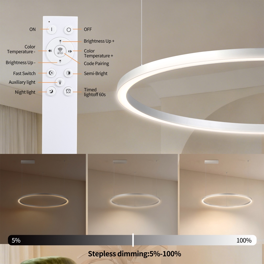 Brilagi - LED-dimmbare Pendelleuchte PORTOFINO mit Seilaufhängung LED/60W/230V 3000-6000K Ø 80 cm silber + Fernbedienung