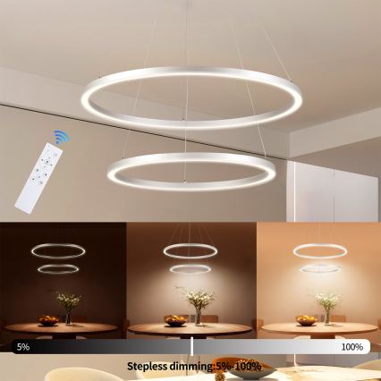 Brilagi - PORTOFINO LED dimmbare Pendelleuchte mit Seilaufhängung, LED 98W, 230V, 3000–6000K, Ø 80 cm, silber + Fernbedienung
