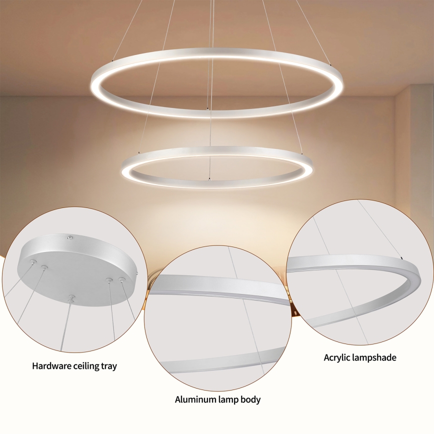 Brilagi - PORTOFINO LED dimmbare Pendelleuchte mit Seilaufhängung, LED 98W, 230V, 3000–6000K, Ø 80 cm, silber + Fernbedienung