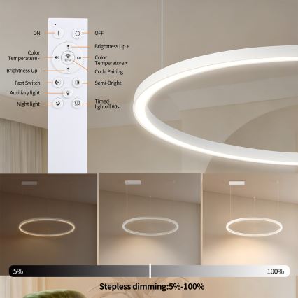 Brilagi - PORTOFINO LED-dimmbare Hängeleuchte an Seil LED/60W/230V 3000-6000K Ø 80 cm weiß + Fernbedienung