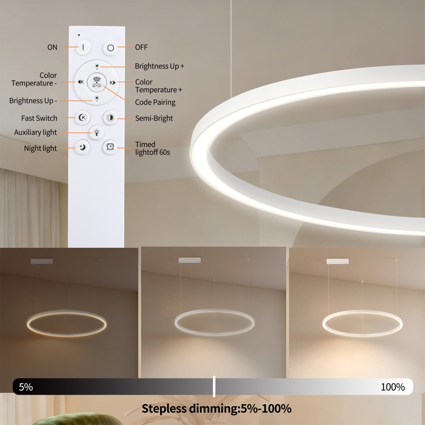 Brilagi - PORTOFINO LED-dimmbare Hängeleuchte an Seil LED/60W/230V 3000-6000K Ø 80 cm weiß + Fernbedienung