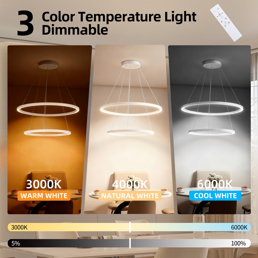 Brilagi - dimmbare LED-Pendelleuchte an Kabel PORTOFINO LED/98W/230V 3000-6000K Ø 80 cm weiß + Fernbedienung