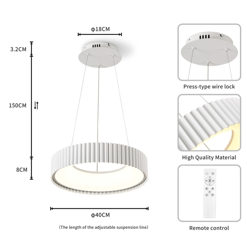 Brilagi - LED-dimmbare Hängeleuchte mit Kabelaufhängung FALCON MODERN LED/30W/230V 3000–6000K Ø 40 cm weiß + Fernbedienung
