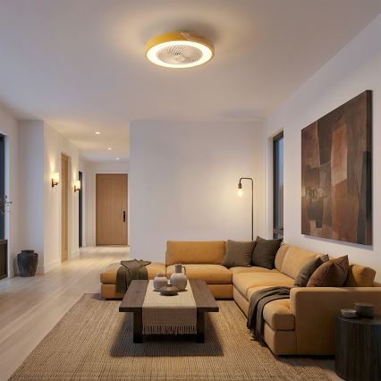 Brilagi - LED-dimmbare Deckenleuchte mit Ventilator LED/38W/230V 3000-6500K Ø 50 cm Gold/Eiche + Fernbedienung