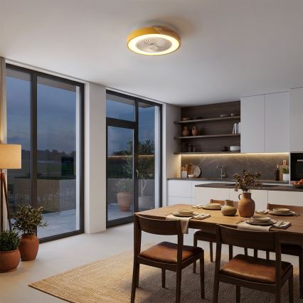 Brilagi - LED-dimmbare Deckenleuchte mit Ventilator LED/38W/230V 3000-6500K Ø 50 cm Gold/Eiche + Fernbedienung