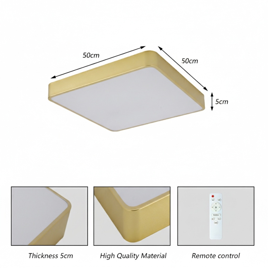 Brilagi - Dimmbare LED-Deckenleuchte POOL SQUARE LED/48W/230V 3000-6000K 50x50 cm goldfarben + Fernbedienung