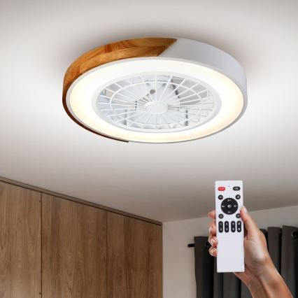 Brilagi - Dimmbare LED-Deckenleuchte mit Ventilator, 30 W, 230 V, 3000–6500 K, Ø 50 cm, weiß/Eiche + Fernbedienung