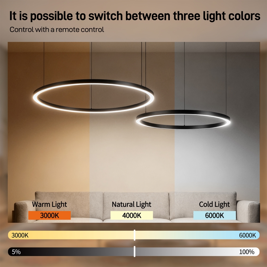 Brilagi - PORTOFINO LED-dimmbare Hängeleuchte an Seil LED/98W/230V 3000–6000K schwarz + Fernbedienung