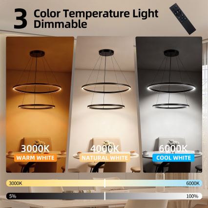 Brilagi - LED-dimmbare Pendelleuchte an Stahlseil PORTOFINO LED/98W/230V 3000-6000K Ø 80 cm schwarz + Fernbedienung