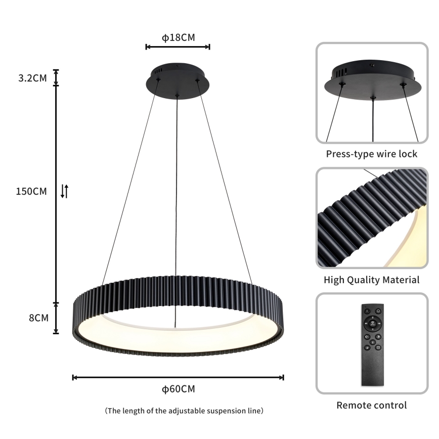 Brilagi - LED-dimmbare Hängeleuchte an Stahlseil FALCON MODERN LED/54W/230V 3000–6500K Ø 60 cm schwarz + Fernbedienung