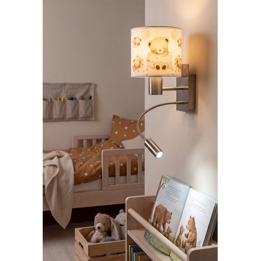 BRILAGI - LED verstellbare Kinder-Wandleuchte BOBO 1xE27/25W/230V + LED/3W mattchrom/weiß/Bärchen