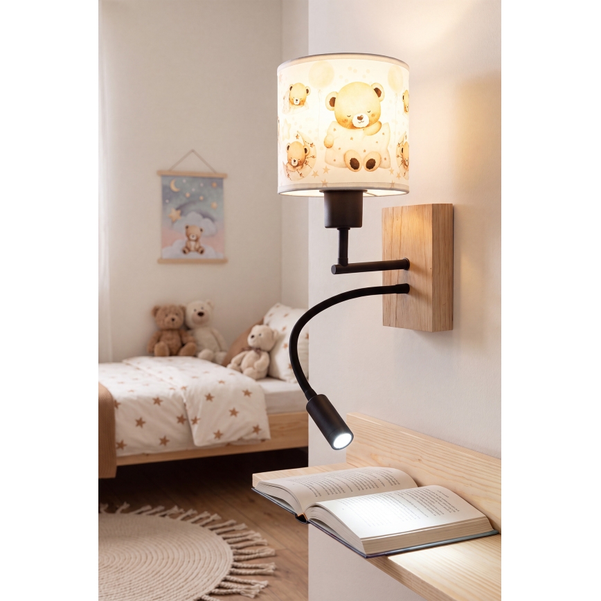 Brilagi - Flexible LED-Kinder-Wandleuchte BOBO WOOD 1xE27/25W/230V + LED/3W Eiche/schwarz/weiß/Teddybären