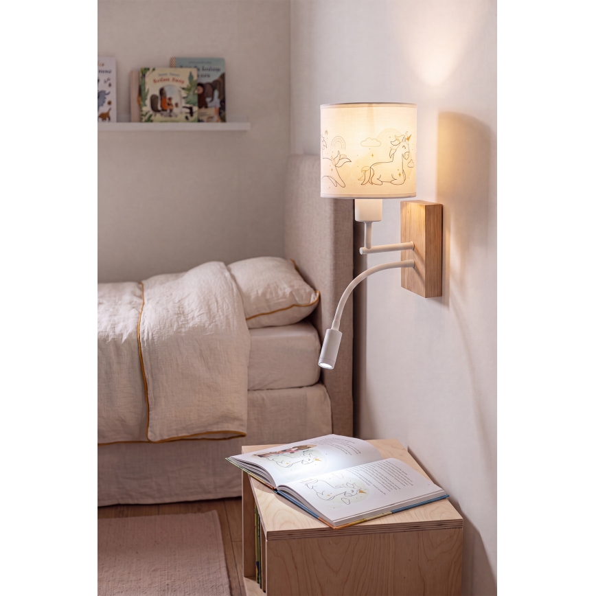 Brilagi - Flexible LED-Kinder-Wandleuchte BOBO WOOD 1xE27/25W/230V + LED/3W Eiche/weiß/Einhörner