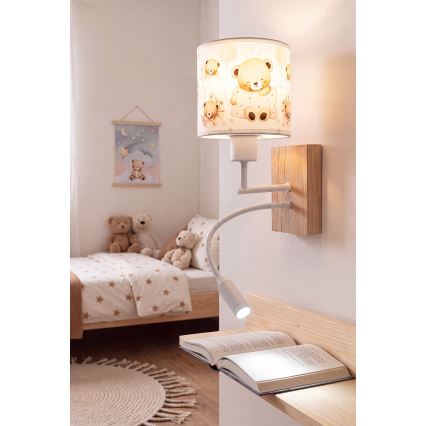 Brilagi - LED flexible Kinder-Wandleuchte BOBO WOOD 1xE27/25W/230V + LED/3W Eiche/Weiß/Teddybären